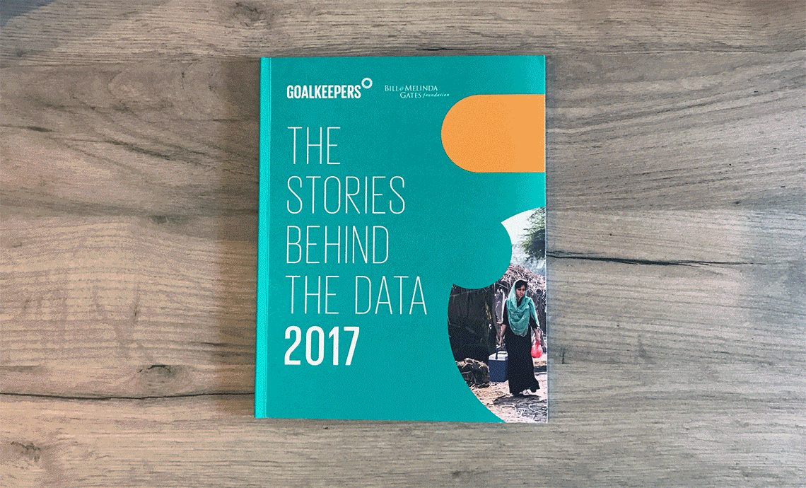An animated GIF changing between different double page spreads from the Goalkeepers report. The  first frame shows the front cover which reads 'The Stories Behind the Data 2017'. The subsequent pages are a mix of images, text and data visualization not disimmilar to a magazine layout.