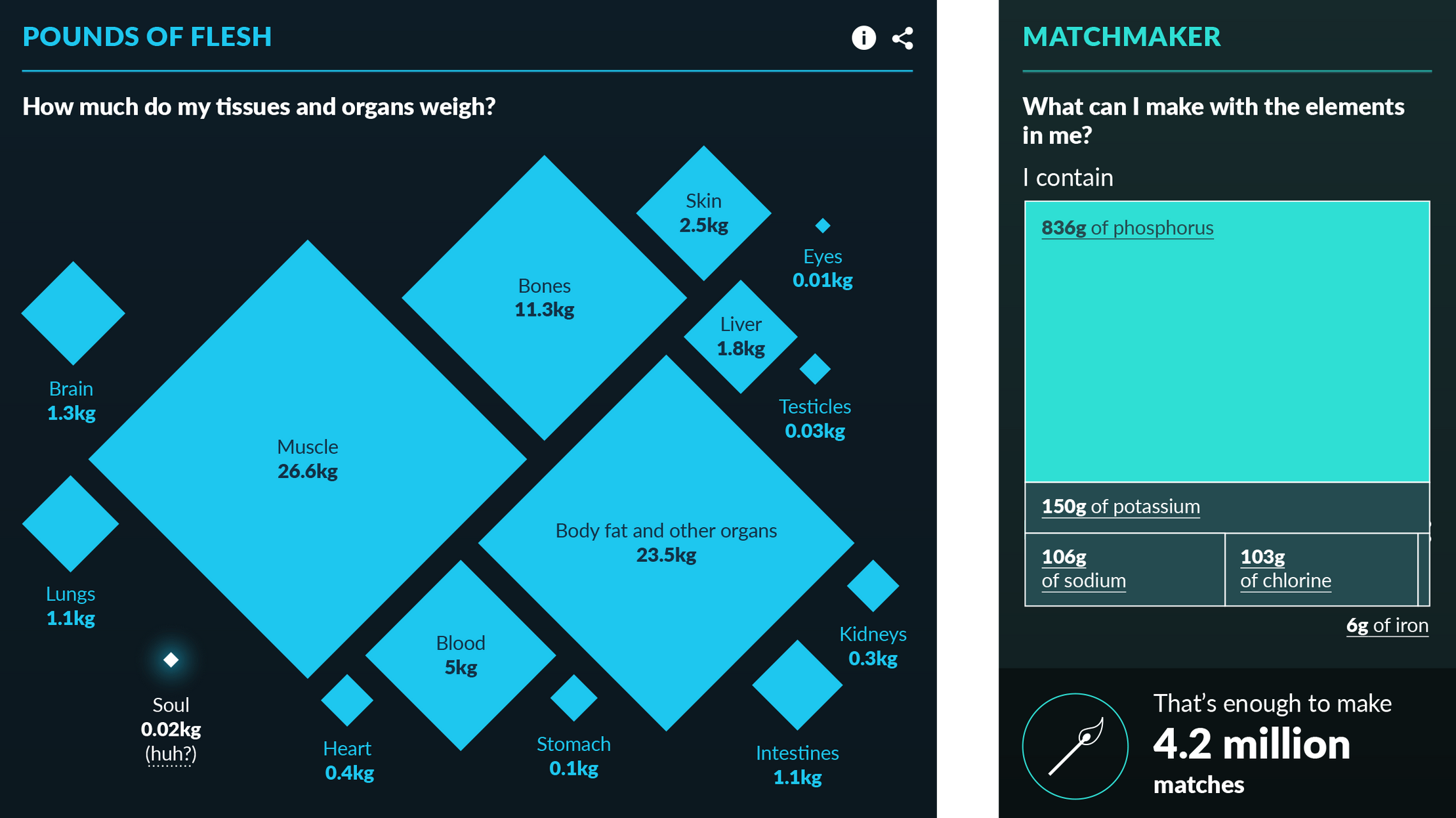 Screenshots of two visualiaions from The Making of Me and You website. It includes a proportional area chart of the weight of different parts of flesh and a tree diagram of the mobile version of the website which shows how many matches could be made from the elements that make up the average person.