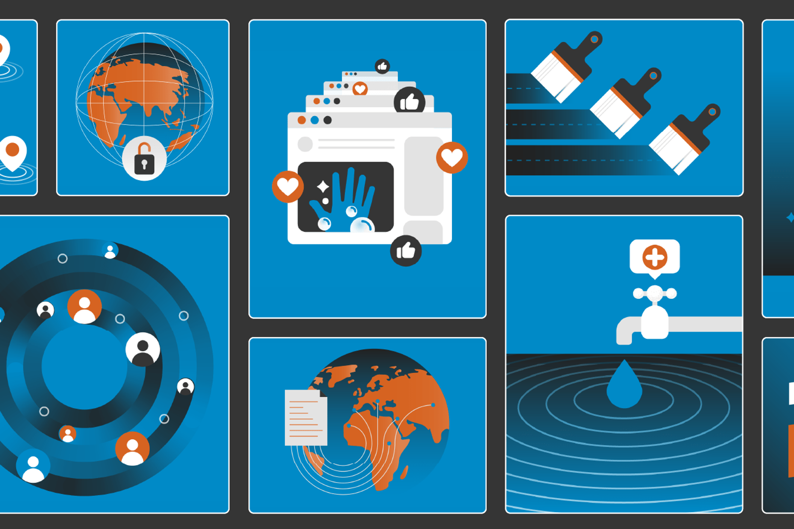 A collage of illustrations relating to fighting pandemics including lorries transporting along a road, a house with a medical cross above it and a network of people.