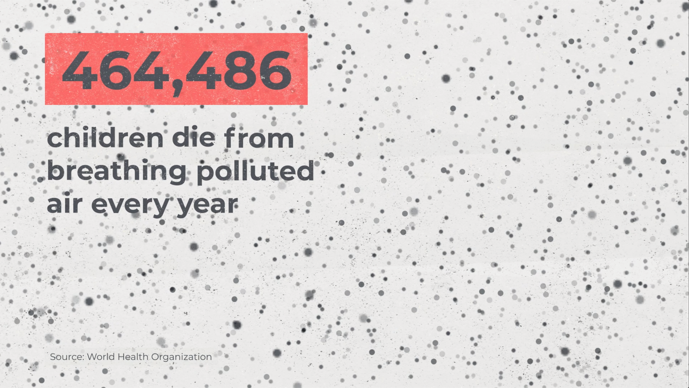 A still from the This is Ella video. It includes a swarm of black particles and text that reads '464,486 children die from breathing polluted air every year'.'