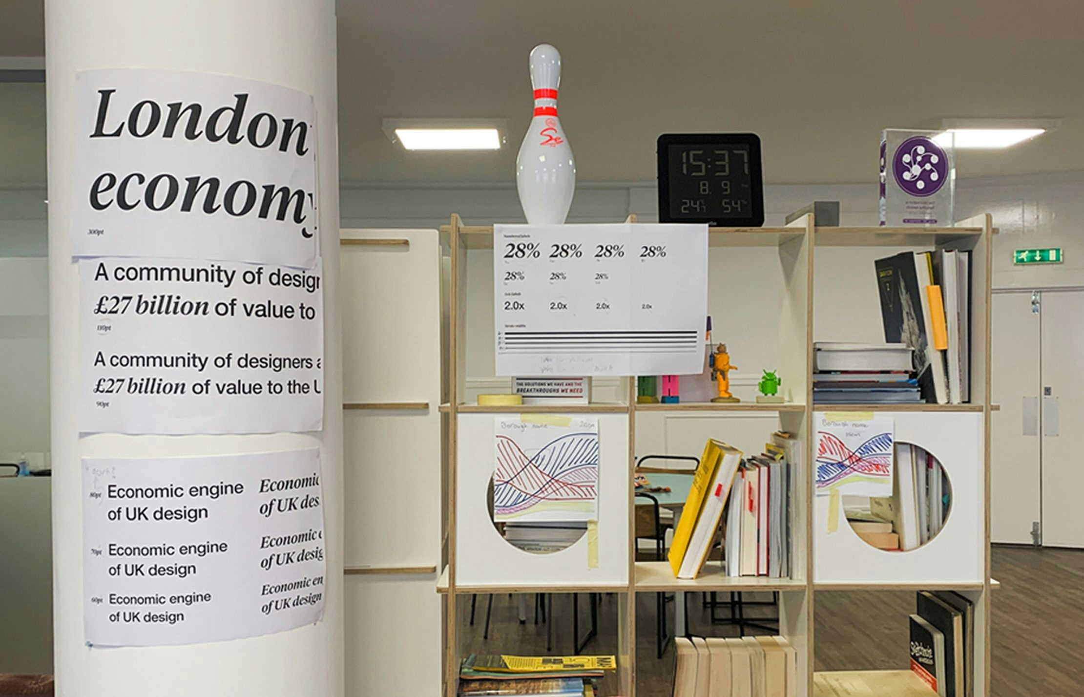A picture of Beyond Words studio, with paper taped up to test the size of fonts and colour schemes for the final poster design.