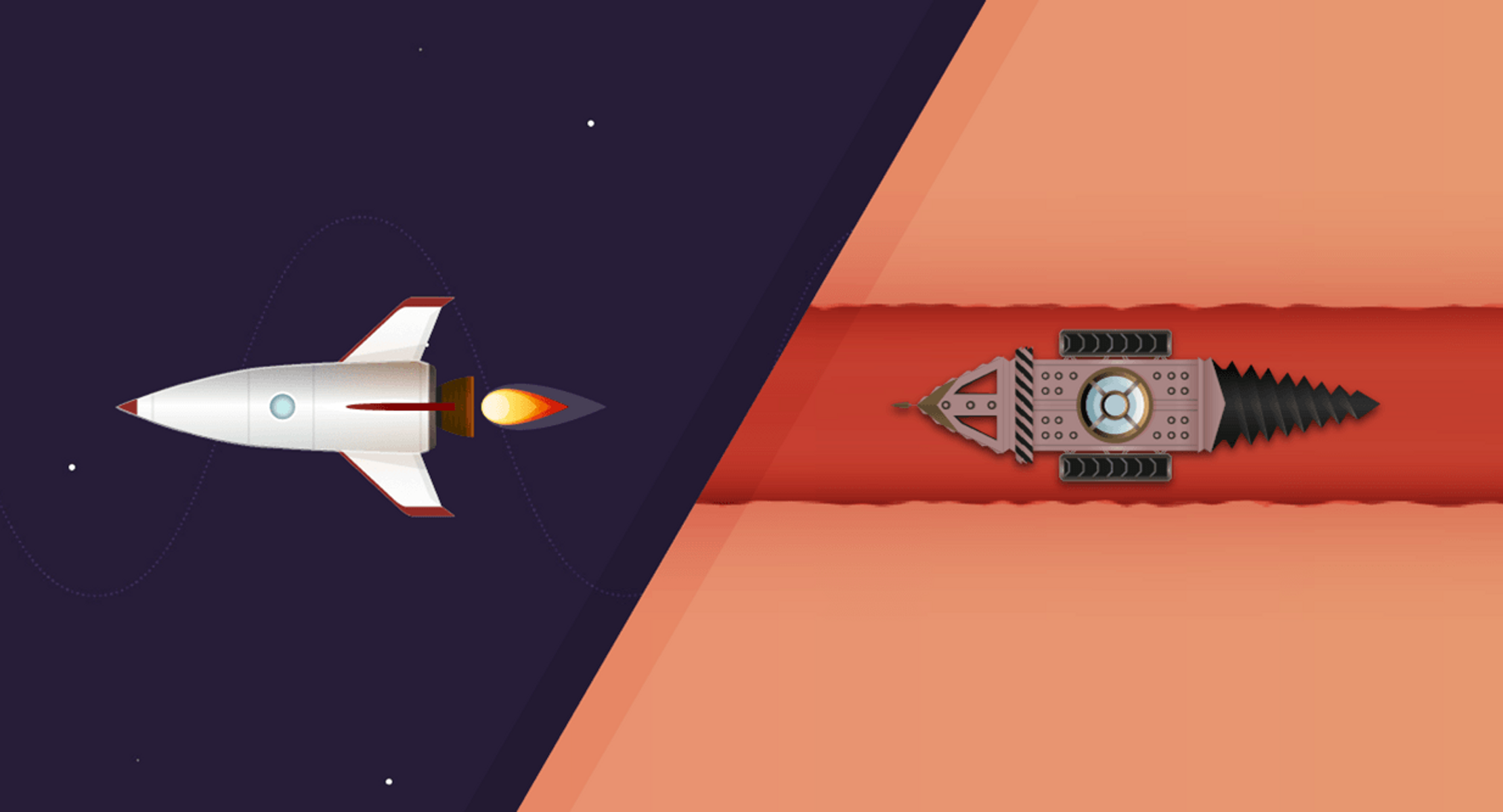 Two illustrated images seperated by a diagonal line through the middle of the picture. On the left, a white space rocket with its thruster burning as it points to the left of frame. On the right, a 'drill capsule' is digging through a tunnel, it's drill pointed to the right as it moves in that same direction.