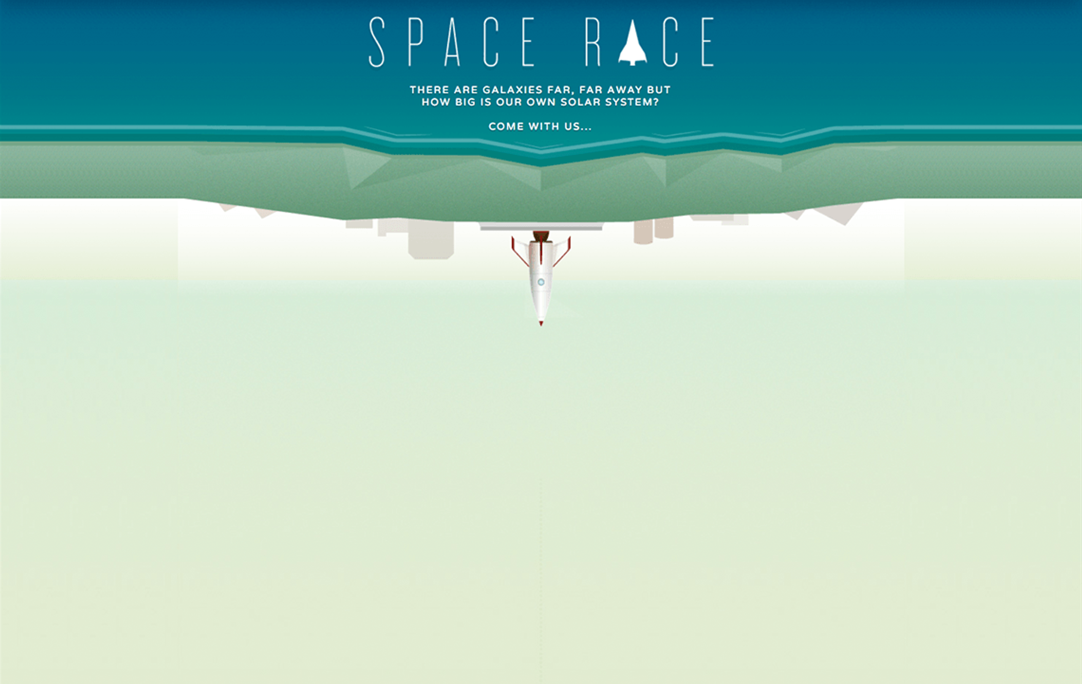 A screenshot from the start of the 'Space Race' website. It shows the title 'Space Race' and a low-poly illustration of a rocket sat on a launch pad pointing down the page.