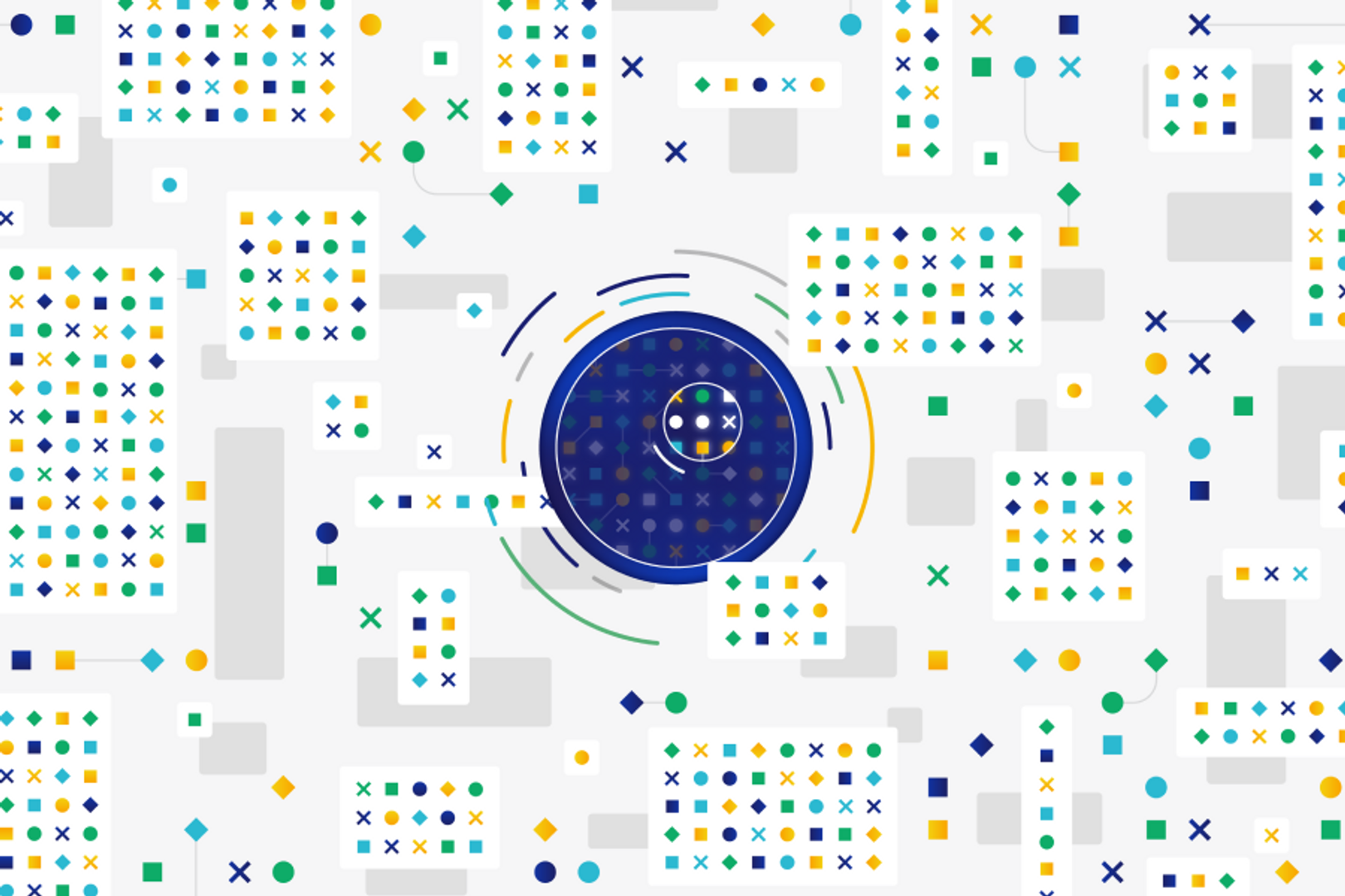A colourful imagining of Visa's artificial intelligence as a blue circle floating in a white space filled with geometric shapes, each representing transaction data.