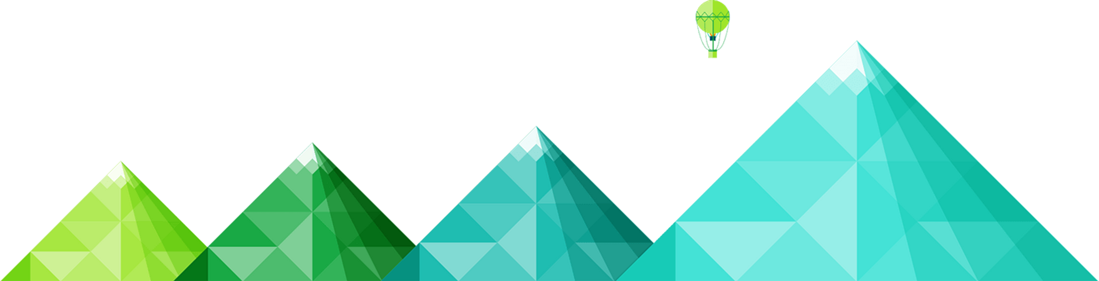 A graphic of four blue/green low-poly, two dimensional mountains.