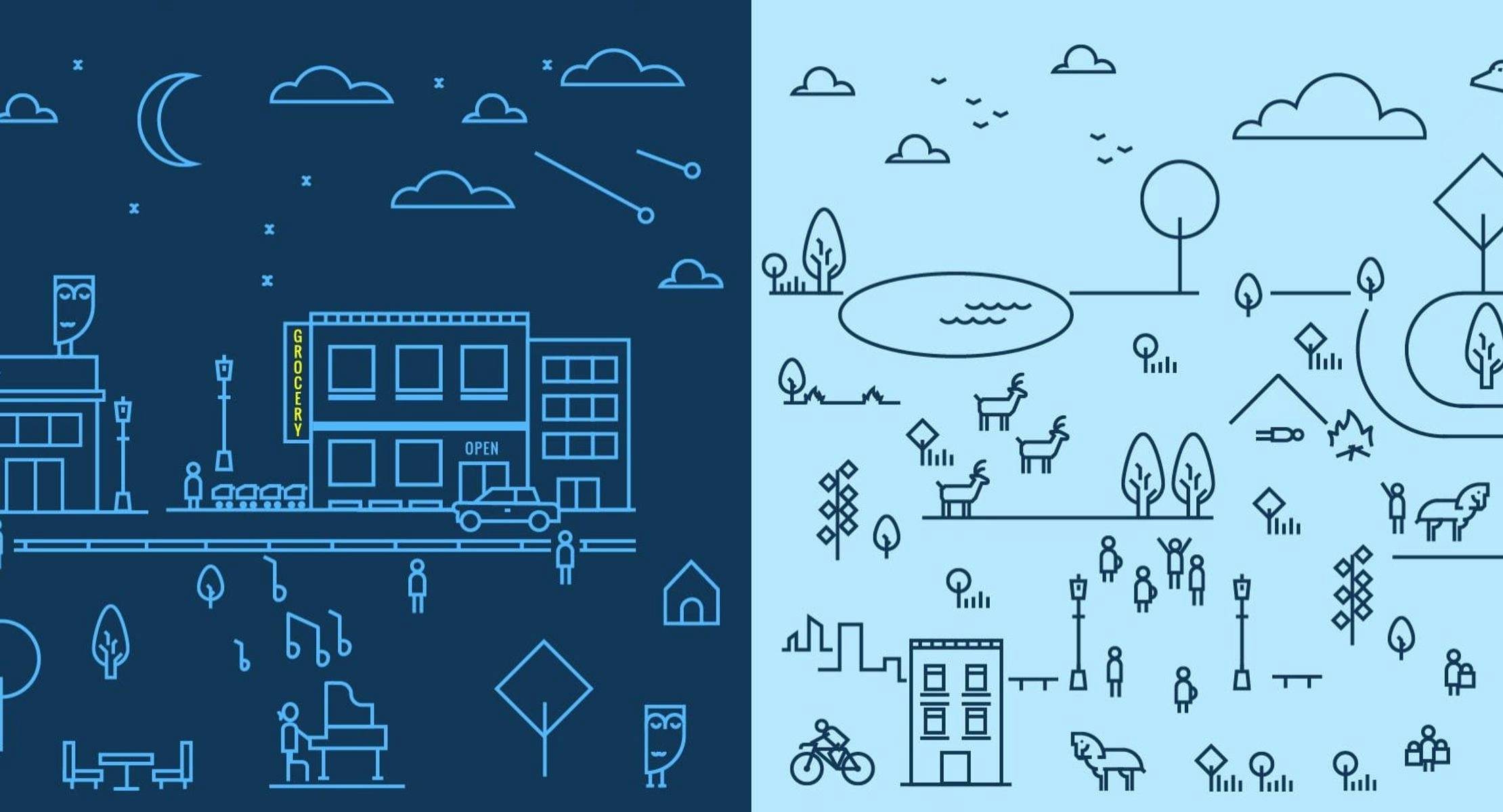 A blue illustrated banner filled with simple line illustrations of parts of life. The image is split in half vertically, the left is darker and represents night time, the right is lighter to represent the day. The left includes a dark street, a crescent moon and owls. The right looks like a park with trees, deer and people socialising.